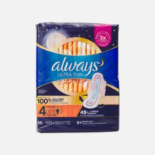 Always Ultra Thin Pads Overnight Absorbency Unscented with Wings, Size 4, 36 ct.
