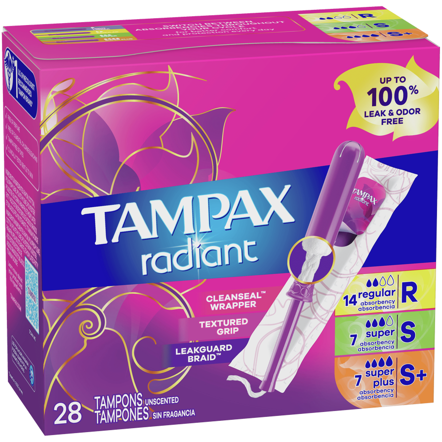 Tampax Radiant Tampons Trio Pack, Regular/Super/Super Plus Absorbency with BPA-Free Plastic Applicator and LeakGuard Braid, Unscented, 28 ct., , large image number 8
