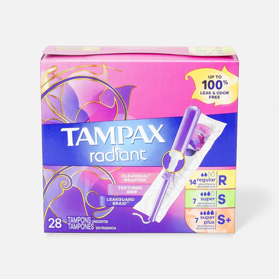 Tampax Radiant Tampons Trio Pack, Regular/Super/Super Plus Absorbency with BPA-Free Plastic Applicator and LeakGuard Braid, Unscented, 28 ct., , large image number 0