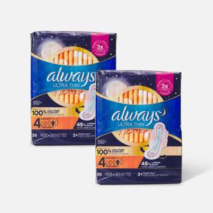 Always Ultra Thin Pads Overnight Absorbency Unscented with Wings, Size 4, 36 ct. (2-Pack)