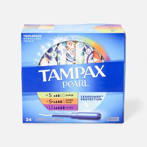 Tampax Pearl Tampons Trio Pack with BPA-Free Plastic Applicator and LeakGuard Braid, Unscented, 34 ct.