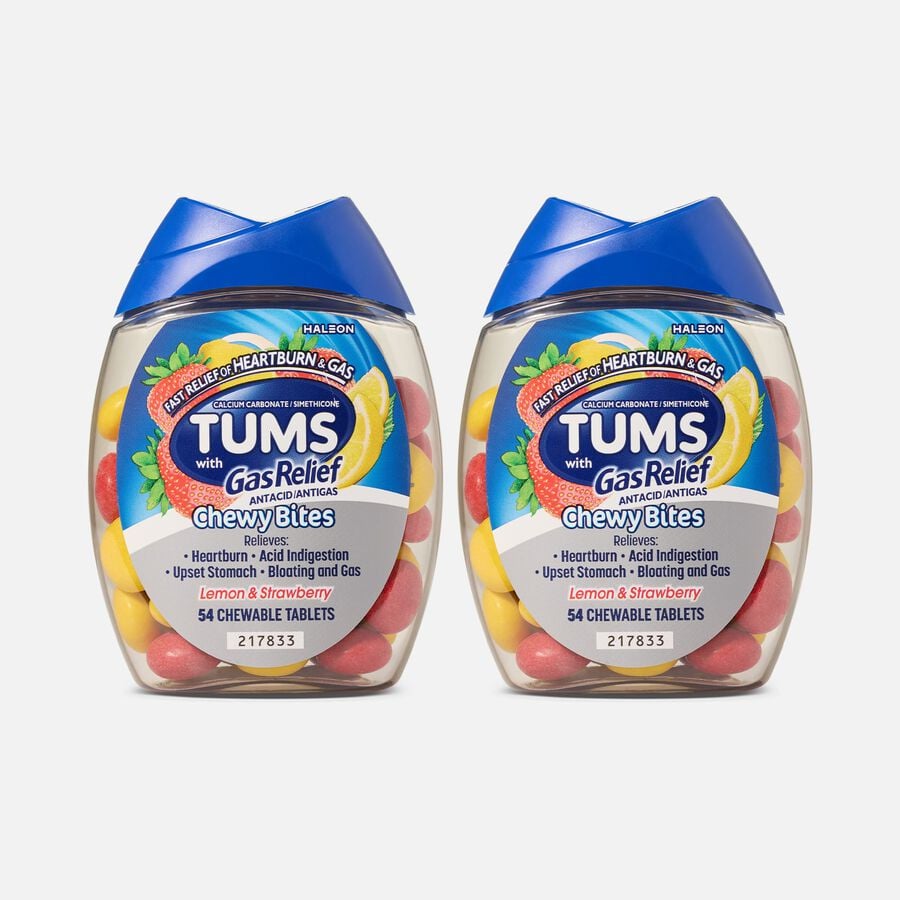 TUMS Chewy Bites Chewable Antacid Tablets with Gas Relief, Lemon & Strawberry, 54 ct. (2 pack), , large image number 0