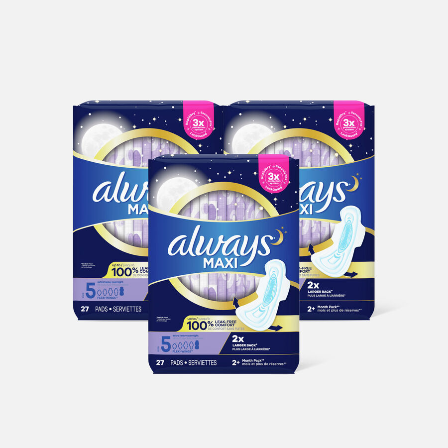 Always Maxi Pads Size 5 Overnight Absorbency Unscented with Wings, 27 ct. (3-Pack), , large image number 0