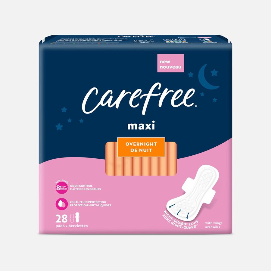 Carefree Maxi Overnight Pads with Wings, 28 ct., , large image number 0