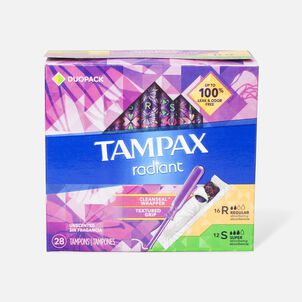 Tampax Radiant Tampons Duo Pack, Regular/Super Absorbency with BPA-Free Plastic Applicator and LeakGuard Braid, Unscented, 28 ct.