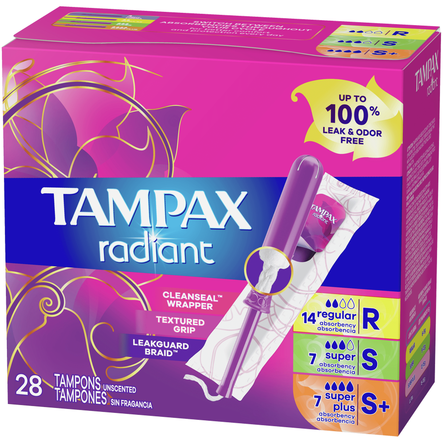 Tampax Radiant Tampons Trio Pack, Regular/Super/Super Plus Absorbency with BPA-Free Plastic Applicator and LeakGuard Braid, Unscented, 28 ct., , large image number 9