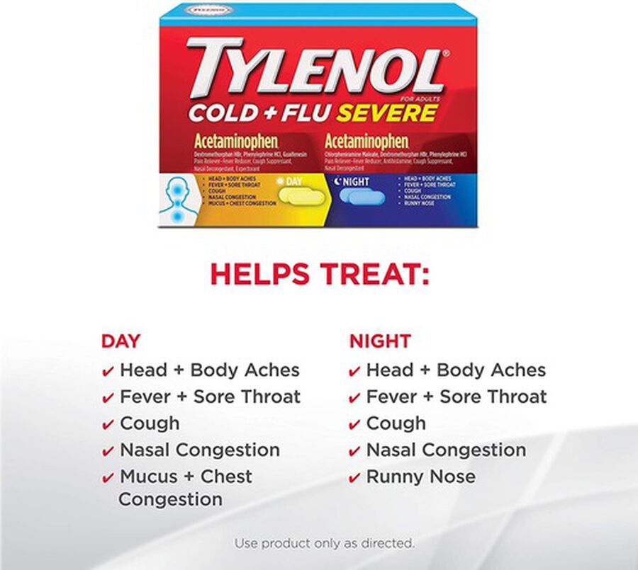 Tylenol Cold + Flu Severe Day & Night Caplets for Fever, Pain, Cough & Congestion Relief, 24 ct., , large image number 2