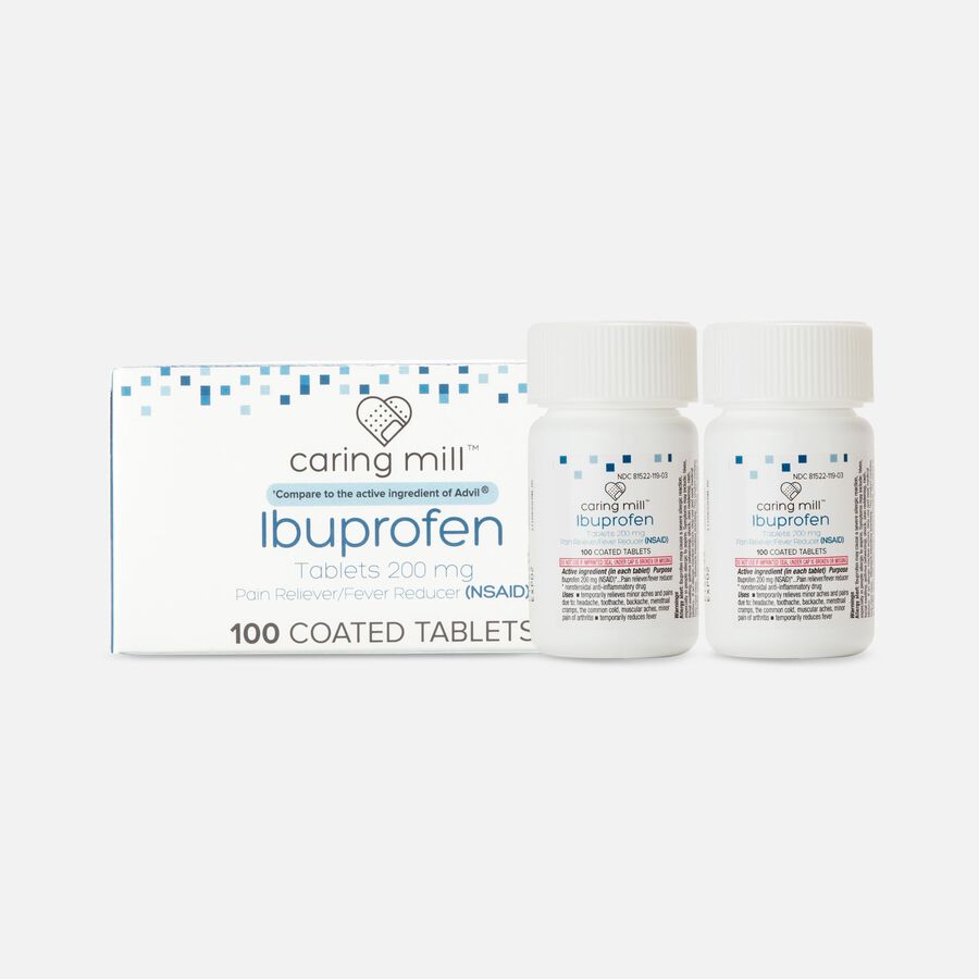 Caring Mill&trade; Ibuprofen Pain Reliever / Fever Reducer (NSAID) Brown Coated Tablets, 100 ct. (2-Pack), , large image number 0