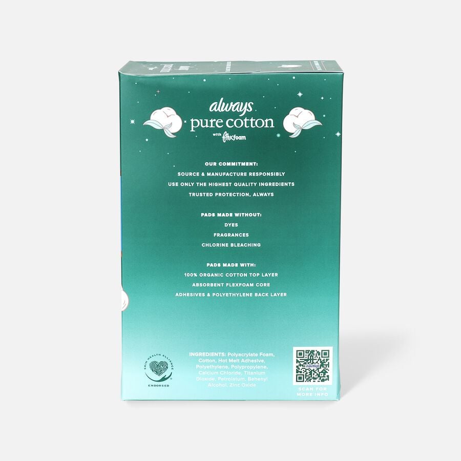 Always Pure Cotton with FlexFoam Pads for Women Size 5 Extra Heavy Overnight Absorbency, with Wings, 18 ct., , large image number 1