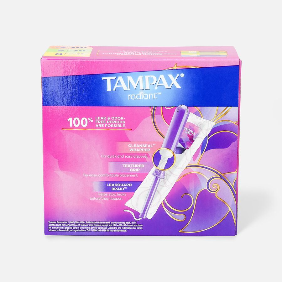 Tampax Radiant Tampons Trio Pack, Regular/Super/Super Plus Absorbency with BPA-Free Plastic Applicator and LeakGuard Braid, Unscented, 28 ct., , large image number 1