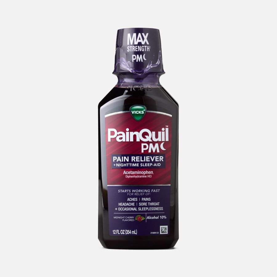 Vicks PainQuil PM Pain Relief + Sleep Aid Liquid, Midnight Cherry, 12 oz., , large image number 0