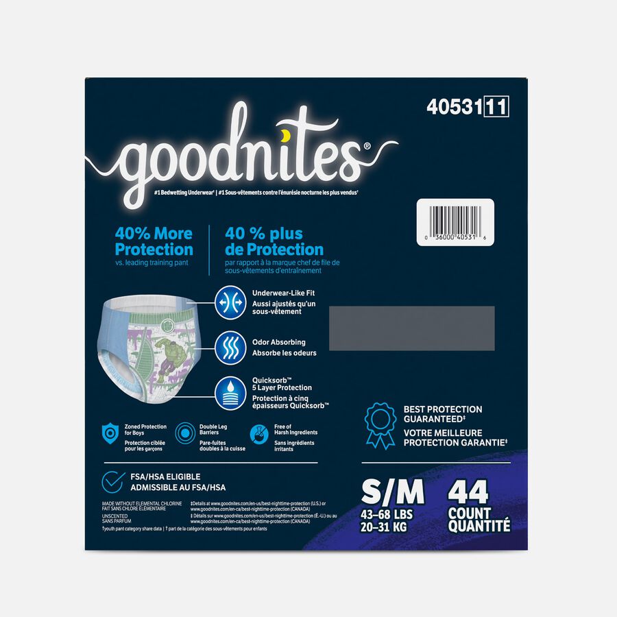 Goodnites Boys' Nighttime Bedwetting Underwear, Size S/M (43-68 lbs), 44 ct., , large image number 1