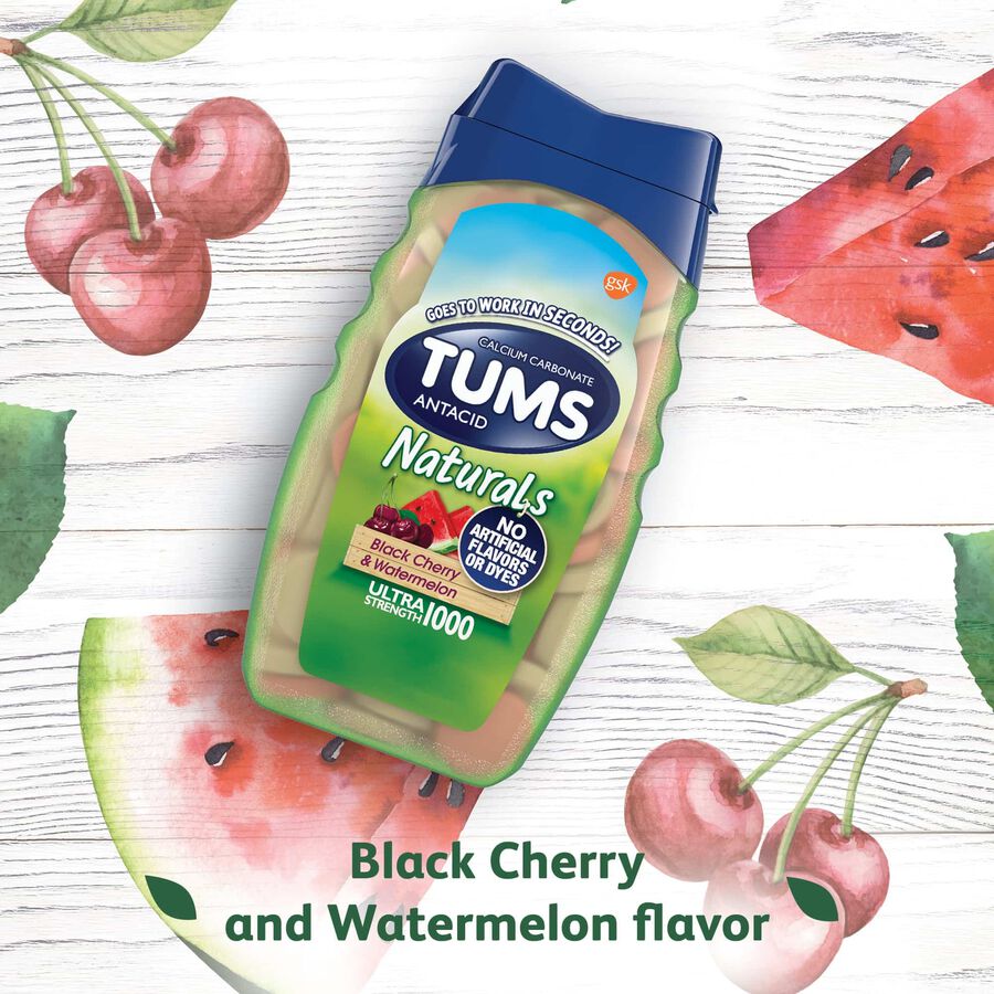 TUMS Naturals Ultra Strength Antacid Chews for Heartburn Relief, Black Cherry & Watermelon, 190 ct., , large image number 2